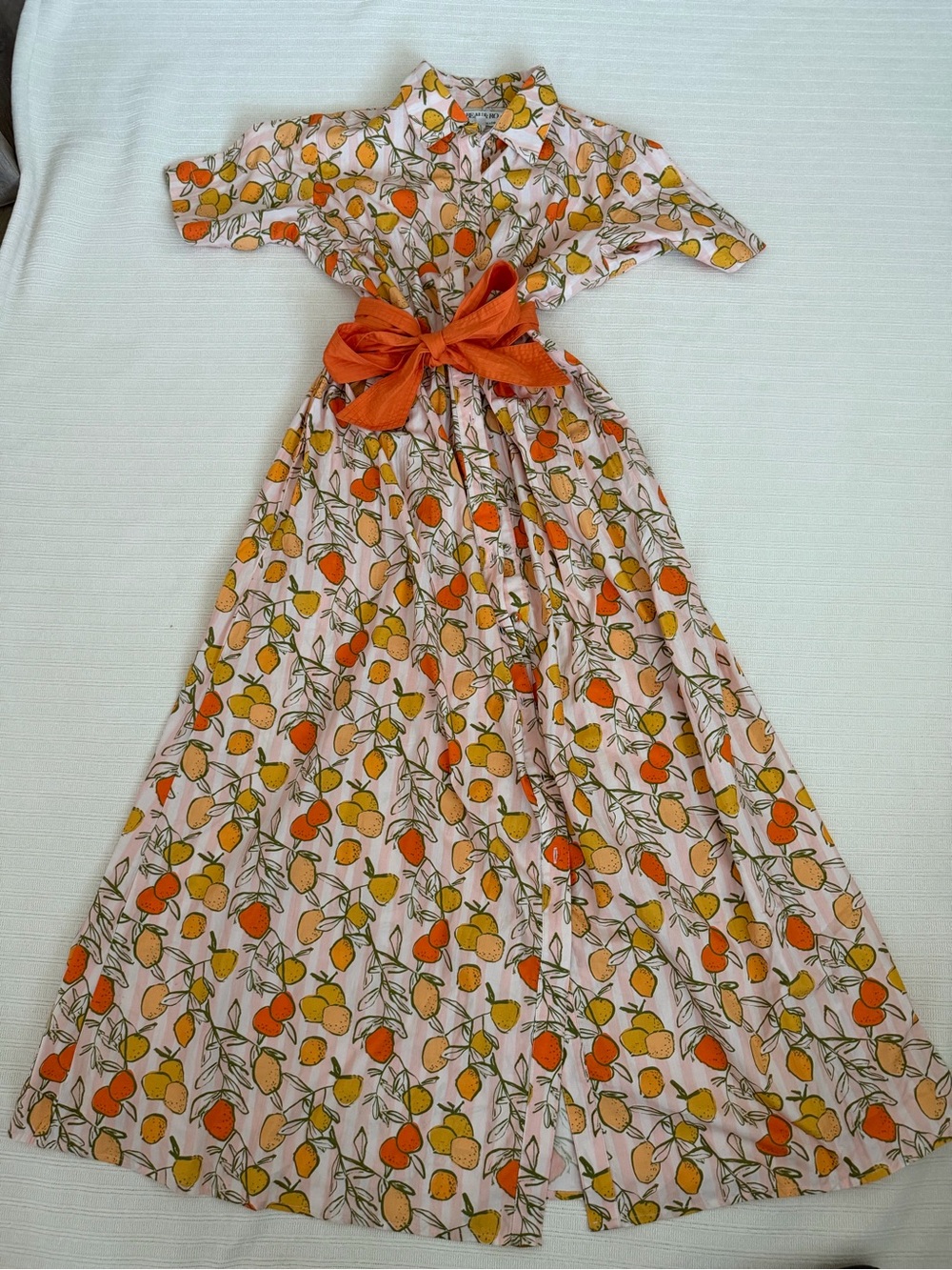 Beau & Ro x Blakely Made Pink Orange Citrus Lemon Midi Shirt Dress Belted Size M